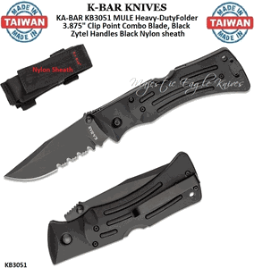  KA-BAR KNIVES KB3051 KA-BAR MULE Heavy-Duty Folder 3.875" Clip Point Combo Blade, Black Zytel Handles Black Nylon Sheath