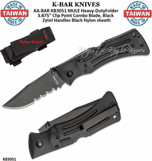  KA-BAR KNIVES KB3051 KA-BAR MULE Heavy-Duty Folder 3.875" Clip Point Combo Blade, Black Zytel Handles Black Nylon Sheath