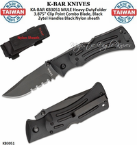 KA-BAR KNIVES KB3051 KA-BAR MULE Heavy-Duty Folder 3.875" Clip Point Combo Blade, Black Zytel Handles Black Nylon Sheath KA-BAR KNIVES KB3051 KA-BAR MULE Heavy-Duty Folder 3.875" Clip Point Combo Blade, Black Zytel Handles Black Nylon Sheath
