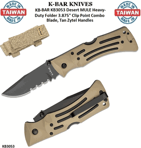  KA-BAR KNIVES KB3053 KA-BAR Desert MULE Heavy-Duty Folder 3.875" Clip Point Combo Blade, Tan Zytel Handles