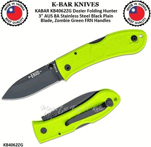 KA-BAR KNIVES KB4062ZG KABAR Dozier Folding Hunter 3" AUS 8A Stainless Steel Black Plain Blade, Zombie Green FRN Handles