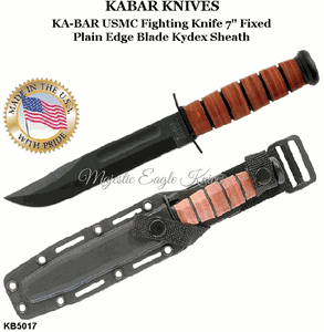 KA-BAR Knives: KB5017 KA-BAR U. S. Marine Corps Fighting Knife  7" Plain Blade, Leather Handles, Leather Sheath
