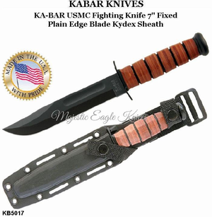 KA-BAR Knives: KB5017 KA-BAR U. S. Marine Corps Fighting Knife  7" Plain Blade, Leather Handles, Leather Sheath