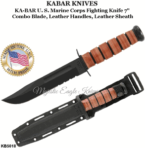KA-BAR Knives: KB5018 KA-BAR U. S. Marine Corps Fighting Knife  7" Combo Blade, Leather Handles, Leather Sheath