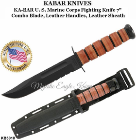 KA-BAR Knives: KB5018 KA-BAR U. S. Marine Corps Fighting Knife  7" Combo Blade, Leather Handles, Leather Sheath