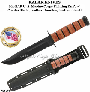 KA-BAR Knives: KB5018 KA-BAR U. S. Marine Corps Fighting Knife  7" Combo Blade, Leather Handles, Leather Sheath