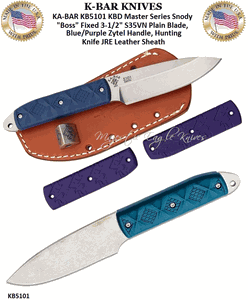  KA-BAR KNIVES KB5101 KA-BAR KBD Master Series Snody "Boss" Fixed 3-1/2" S35VN Plain Blade, Blue/Purple Zytel Handle, Hunting Knife JRE Leather Sheath