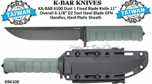 KA-BAR Knives KB6100 Dust I Fixed Blade Knife 11" Overall 6-1/8" D2 Tool Steel Black Clip Point Blade, Green GFN Handles, Plastic Sheath KA-BAR Knives KB6100 Dust I Fixed Blade Knife 11" Overall 6-1/8" D2 Tool Steel Black Clip Point Blade, Green GFN Handles, Plastic Sheath