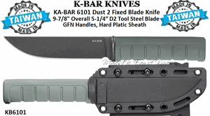 KA-BAR Knives KB6101 Dust II Fixed Blade Knife 9-7/8" Overall 5-1/4" D2 Tool Steel Black Clip Point Blade, Green GFN Handles, Plastic Sheath