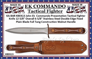  KA-BAR KNIVES KB-EK13 KA-BAR John Ek Commando Presentation Knife 6-1/2" Double-edge Spear Point Blade of Satin Finished 440C Stainless Steel Dagger Blade, Walnut Handles, Leather Sheath 