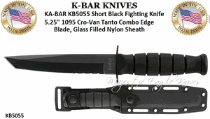  KA-BAR KNIVES Presents The KB5055 KA-BAR Short Black Fighting Knife 5.25" 1095 Cro-Van Tanto Combo Edge Blade, Glass Filled Nylon Sheath