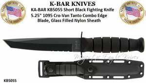  KA-BAR KNIVES Presents The KB5055 KA-BAR Short Black Fighting Knife 5.25" 1095 Cro-Van Tanto Combo Edge Blade, Glass Filled Nylon Sheath