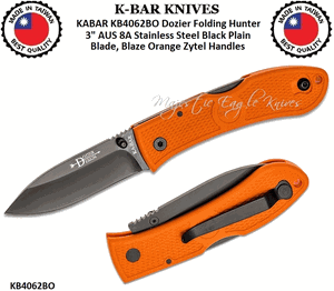 KABAR Cutlery KABAR KB4062BO Dozier Folding Hunter 3" AUS 8A Stainless Steel Black Plain Blade, Blaze Orange Zytel Handles