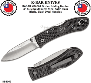 KABAR Cutlery KB4062 Dozier Folding Hunter 3" AUS 8A Stainless Steel Satin Plain Blade, Black Zytel Handles