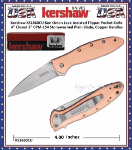 Kershaw Cutlery KS1660CU Ken Onion Leek Assisted Flipper Pocket Knife 4" Closed 3" CPM-154 Stonewashed Plain Blade, Copper Handles