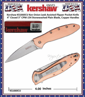 Kershaw Cutlery KS1660CU Ken Onion Leek Assisted Flipper Pocket Knife 4" Closed 3" CPM-154 Stonewashed Plain Blade, Copper Handles