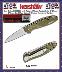 Kershaw Cutlery KS1660OL Ken Onion Leek Assisted Flipper Pocket Knife 4" Closed 3" Bead Blast Plain Blade, OD Green Aluminum Handles Kershaw Cutlery KS1660OL Ken Onion Leek Assisted Flipper Pocket Knife 4" Closed 3" Bead Blast Plain Blade, OD Green Aluminum Handles