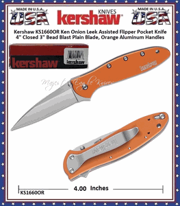 Kershaw Cutlery KS1660OR Ken Onion Leek Assisted Flipper Pocket Knife 4" Closed 3" Bead Blast Plain Blade, Orange Aluminum Handles