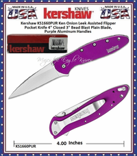Kershaw Cutlery KS1660PUR Ken Onion Leek Assisted Flipper Pocket Knife 4" Closed 3" Bead Blast Plain Blade, Purple Aluminum Handles Kershaw Cutlery KS1660PUR Ken Onion Leek Assisted Flipper Pocket Knife 4" Closed 3" Bead Blast Plain Blade, Purple Aluminum Handles