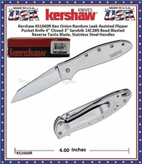 Kershaw Cutlery KS1660R Ken Onion Random Leek Assisted Flipper Pocket Knife 4" Closed 3" Sandvik 14C28N Bead Blasted Reverse Tanto Blade, Stainless Steel Handles Kershaw Cutlery KS1660R Ken Onion Random Leek Assisted Flipper Pocket Knife 4" Closed 3" Sandvik 14C28N Bead Blasted Reverse Tanto Blade, Stainless Steel Handles
