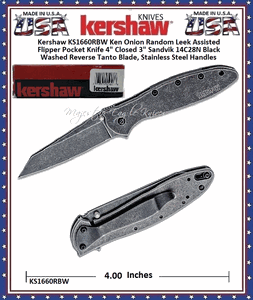 Kershaw Cutlery KS1660RBW Ken Onion Random Leek Assisted Flipper Pocket Knife 4" Closed 3" Sandvik 14C28N BlackWashed Reverse Tanto Blade, Stainless Steel Handles