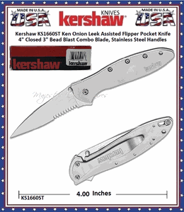 Kershaw Cutlery KS1660ST Ken Onion Leek Assisted Flipper Pocket Knife 4" Closed 3" Bead Blast Combo Blade, Stainless Steel Handles