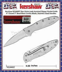 Kershaw Cutlery KS1660ST Ken Onion Leek Assisted Flipper Pocket Knife 4" Closed 3" Bead Blast Combo Blade, Stainless Steel Handles Kershaw Cutlery KS1660ST Ken Onion Leek Assisted Flipper Pocket Knife 4" Closed 3" Bead Blast Combo Blade, Stainless Steel Handles