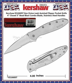 Kershaw Cutlery KS1660ST Ken Onion Leek Assisted Flipper Pocket Knife 4" Closed 3" Bead Blast Combo Blade, Stainless Steel Handles Kershaw Cutlery KS1660ST Ken Onion Leek Assisted Flipper Pocket Knife 4" Closed 3" Bead Blast Combo Blade, Stainless Steel Handles