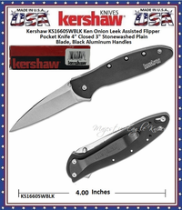 Kershaw Cutlery KS1660SWBLK Ken Onion Leek Assisted Flipper Pocket Knife 4" Closed 3" Stonewashed Plain Blade, Black Aluminum Handles Kershaw Cutlery KS1660SWBLK Ken Onion Leek Assisted Flipper Pocket Knife 4" Closed 3" Stonewashed Plain Blade, Black Aluminum Handles