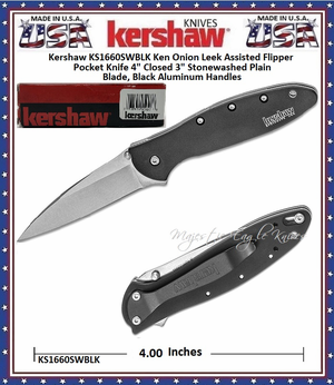 Kershaw Cutlery KS1660SWBLK Ken Onion Leek Assisted Flipper Pocket Knife 4" Closed 3" Stonewashed Plain Blade, Black Aluminum Handles Kershaw Cutlery KS1660SWBLK Ken Onion Leek Assisted Flipper Pocket Knife 4" Closed 3" Stonewashed Plain Blade, Black Aluminum Handles