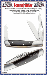 Kershaw Cutlery KS4386 Iredale 3-Blade Traditional Slipjoint Folding Pocket Knife 2-5/8" Satin Clip Point, Sheepsfoot and Pen Plain Blades, Polished Black Micarta Handles with Stainless Steel Bolsters