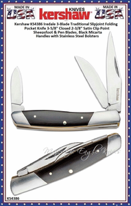 Kershaw Cutlery KS4386 Iredale 3-Blade Traditional Slipjoint Folding Pocket Knife 2-5/8" Satin Clip Point, Sheepsfoot and Pen Plain Blades, Polished Black Micarta Handles with Stainless Steel Bolsters Kershaw Cutlery KS4386 Iredale 3-Blade Traditional Slipjoint Folding Pocket Knife 2-5/8" Satin Clip Point, Sheepsfoot and Pen Plain Blades, Polished Black Micarta Handles with Stainless Steel Bolsters