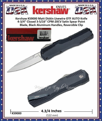 Kershaw Cutlery KS9000 Matt Diskin Livewire OTF AUTO Knife 4-3/4" Closed 3-5/16" CPM-20CV Satin Spear Point Blade, Black Aluminum Handles, Reversible Clip Kershaw Cutlery KS9000 Matt Diskin Livewire OTF AUTO Knife 4-3/4" Closed 3-5/16" CPM-20CV Satin Spear Point Blade, Black Aluminum Handles, Reversible Clip