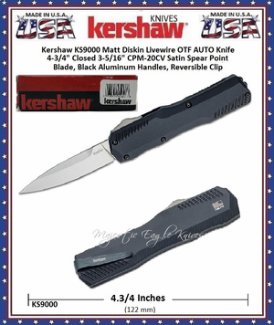 Kershaw Cutlery KS9000 Matt Diskin Livewire OTF AUTO Knife 4-3/4" Closed 3-5/16" CPM-20CV Satin Spear Point Blade, Black Aluminum Handles, Reversible Clip