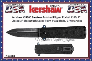 Kershaw Cutlery Presents The KS3960 Kershaw Barstow Assisted Flipper 3" BlackWash Spear Point Blade, GFN Handles