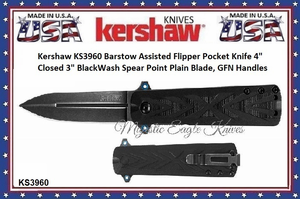 Kershaw Cutlery Presents The KS3960 Kershaw Barstow Assisted Flipper 3" BlackWash Spear Point Blade, GFN Handles