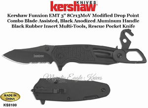 Kershaw Knives KS8100 Kershaw Funxion EMT 3" 8Cr13MoV Modified Drop Point Combo Blade Assisted, Black Anodized Aluminum Handle Black Rubber Insert Multi-Tools, Rescue Knife Kershaw Knives KS8100 Kershaw Funxion EMT 3" 8Cr13MoV Modified Drop Point Combo Blade Assisted, Black Anodized Aluminum Handle Black Rubber Insert Multi-Tools, Rescue Knife