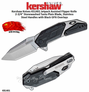 Kershaw Knives KS1401 Jet-pack Assisted Flipper Knife 2-3/4" Stonewashed Tanto Plain Blade, Stainless Steel Handles with Black GFN Overlays Kershaw Knives KS1401 Jet-pack Assisted Flipper Knife 2-3/4" Stonewashed Tanto Plain Blade, Stainless Steel Handles with Black GFN Overlays