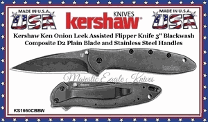 Kershaw Knives KS1660CBBW Kershaw Ken Onion Leek Assisted Opening Flipper Knife 3" Blackwash Composite D2 Plain Blade Stainless Steel Handles