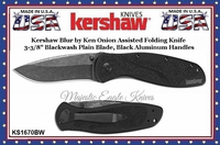 Kershaw Knives KS1670BW Kershaw Blur by Ken Onion Assisted Opening Folding Knife 3-3/8" Blackwash Plain Blade, Black Aluminum Handles Kershaw Knives KS1670BW Kershaw Blur by Ken Onion Assisted Opening Folding Knife 3-3/8" Blackwash Plain Blade, Black Aluminum Handles