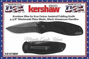 Kershaw Knives KS1670BW Kershaw Blur by Ken Onion Assisted Opening Folding Knife 3-3/8" Blackwash Plain Blade, Black Aluminum Handles Kershaw Knives KS1670BW Kershaw Blur by Ken Onion Assisted Opening Folding Knife 3-3/8" Blackwash Plain Blade, Black Aluminum Handles