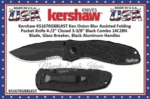 Kershaw Knives KS1670GBBLKST Kershaw Ken Onion Blur Assisted Opening Folding Knife 3-3/8" Black Combo Blade, Glass Breaker, Black Aluminum Handles