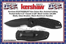 Kershaw Knives KS1670GBBLKST Kershaw Ken Onion Blur Assisted Opening Folding Knife 3-3/8" Black Combo Blade, Glass Breaker, Black Aluminum Handles