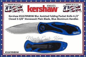 Kershaw Knives KS1670NBSW Kershaw Blur Folding Knife Assisted Opening Folding Knife 3.4" Stonewash Plain Blade, Blue Aluminum Handles