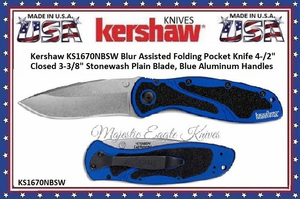 Kershaw Knives KS1670NBSW Kershaw Blur Folding Knife Assisted Opening Folding Knife 3.4" Stonewash Plain Blade, Blue Aluminum Handles