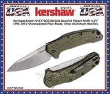 Kershaw Knives KS1776OLSW Link Assisted Flipper Knife 3.25" CPM-20CV Stonewashed Plain Blade, Olive Aluminum Handles