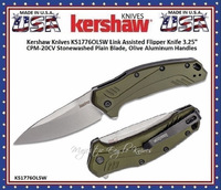 Kershaw Knives KS1776OLSW Link Assisted Flipper Knife 3.25" CPM-20CV Stonewashed Plain Blade, Olive Aluminum Handles Kershaw Knives KS1776OLSW Link Assisted Flipper Knife 3.25" CPM-20CV Stonewashed Plain Blade, Olive Aluminum Handles