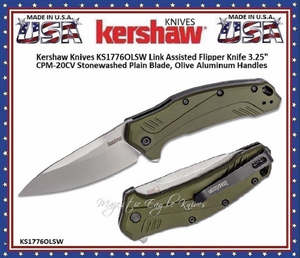 Kershaw Knives KS1776OLSW Link Assisted Flipper Knife 3.25" CPM-20CV Stonewashed Plain Blade, Olive Aluminum Handles Kershaw Knives KS1776OLSW Link Assisted Flipper Knife 3.25" CPM-20CV Stonewashed Plain Blade, Olive Aluminum Handles