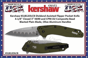 Kershaw Knives KS1812OLCB Dividend Assisted Flipper Knife 3" N690 and CPM-D2 Composite Bead Blasted Plain Blade, Olive Aluminum Handles
