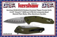 Kershaw Knives KS1812OLCB Dividend Assisted Flipper Knife 3" N690 and CPM-D2 Composite Bead Blasted Plain Blade, Olive Aluminum Handles Kershaw Knives KS1812OLCB Dividend Assisted Flipper Knife 3" N690 and CPM-D2 Composite Bead Blasted Plain Blade, Olive Aluminum Handles